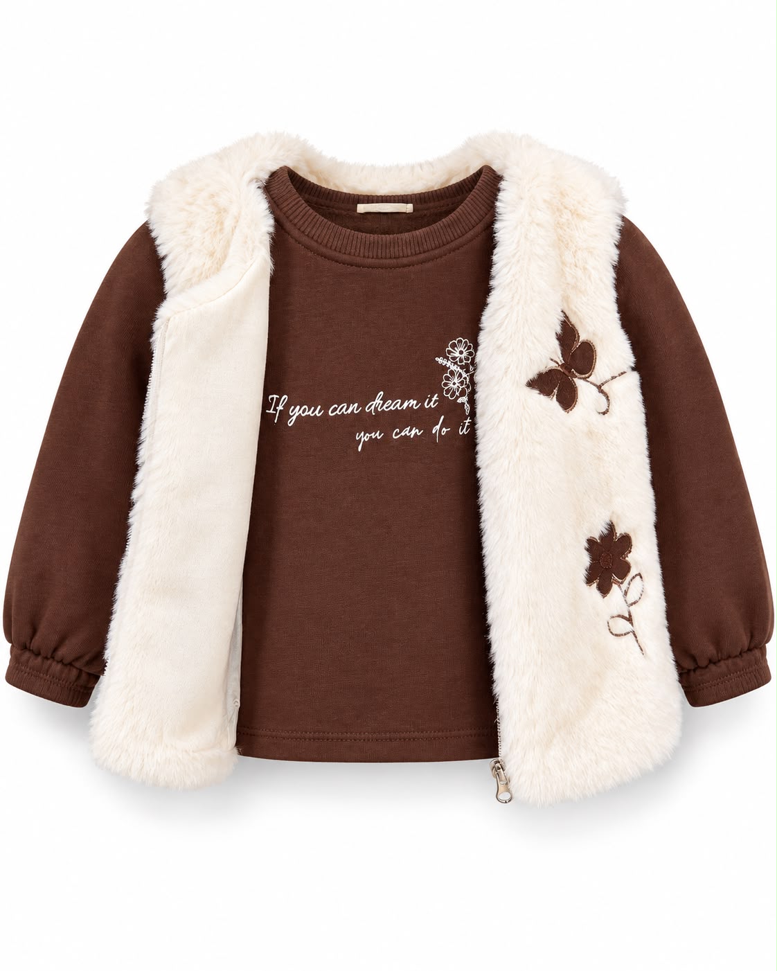 Compleu fete 3 piese cu vesta pufoasa si broderii florale – Maro