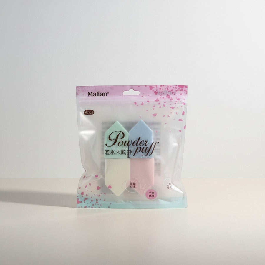 eRami 4pcs triangular powder puffs in pastel blue, green, pink, and white. Soft, comfortable, dual-use for wet or dry application.