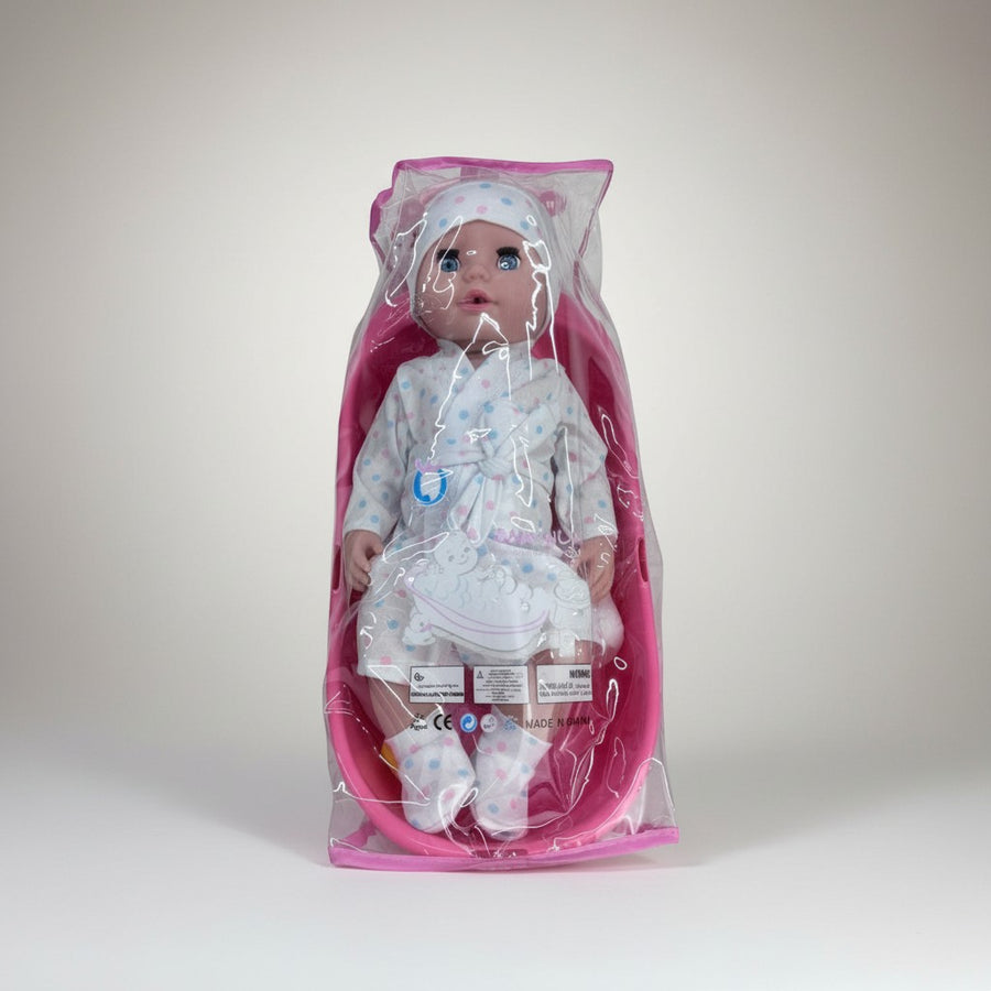 eRamis baby doll in polka dot robe and hat, with pink bathtub and accessories, for imaginative play.