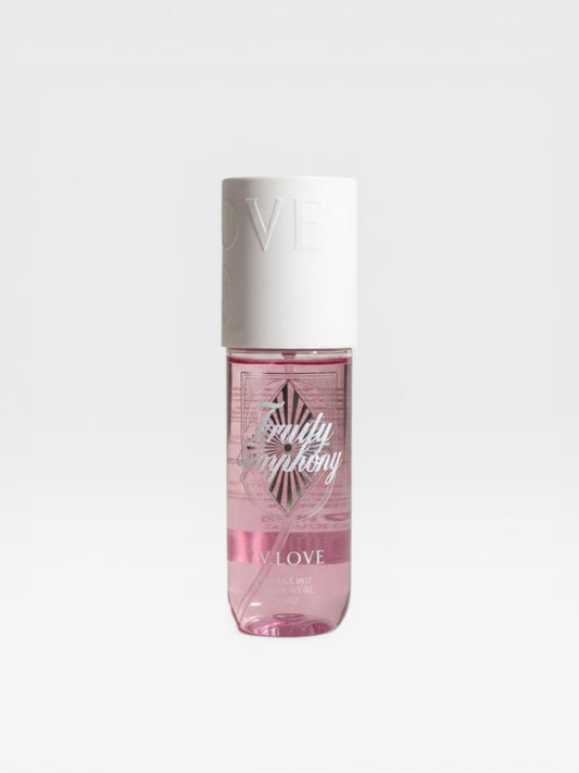 eRamis Fruity Symphony Fragrance Mist in a pink bottle with a white cap. Refreshing body spray with a light, sweet aroma.