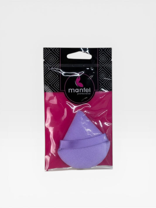eRamis lavender triangular makeup sponge with a ribbon band for application.