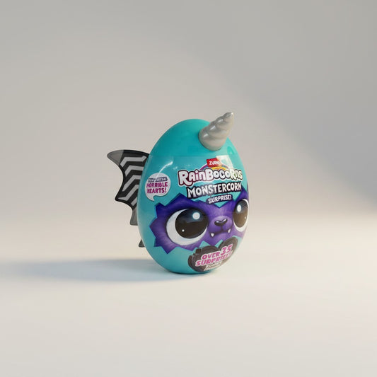 eRamis Rainbocorns Monstercorn Surprise egg toy with teal body, purple monster face, silver horn, and black bat wings. Features "Over 35 Surprises" text.