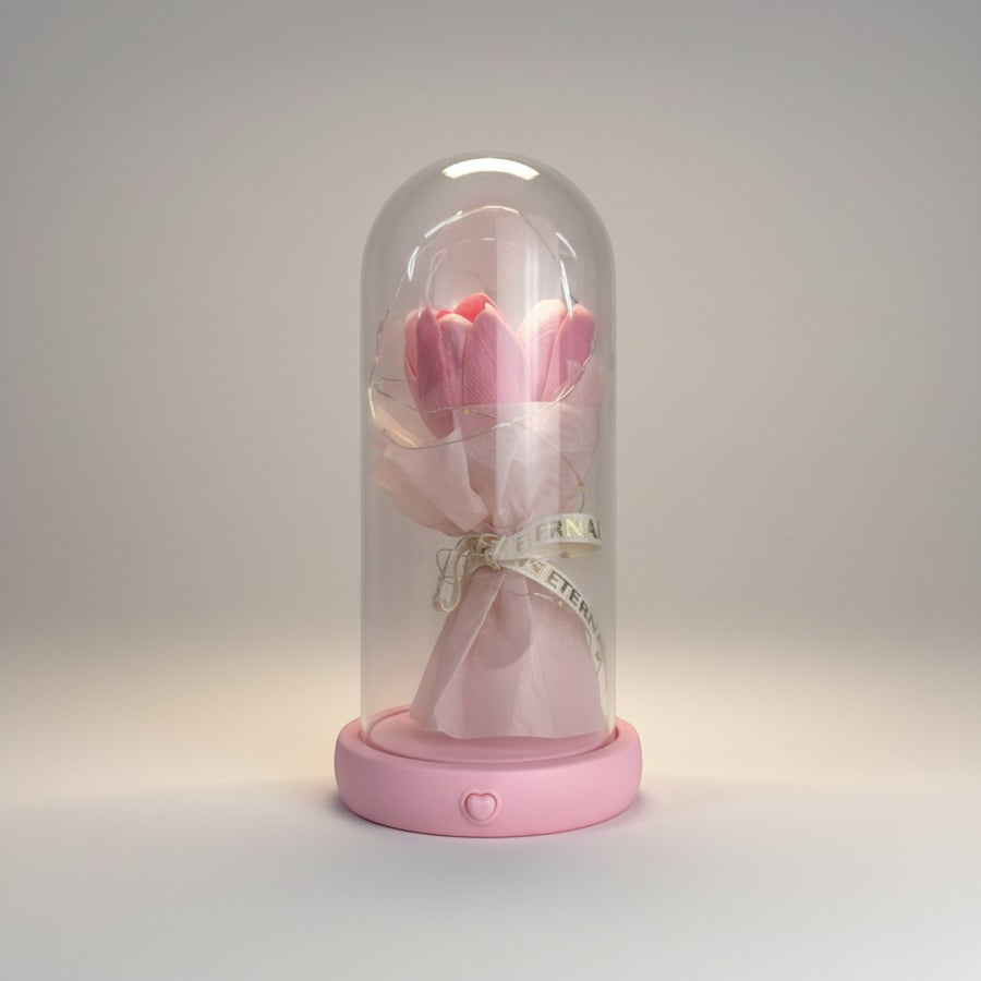eRamis pink preserved rose under glass dome with fairy lights and "Eternal" ribbon