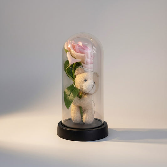eRamis preserved pink rose with teddy bear under glass dome with fairy lights
