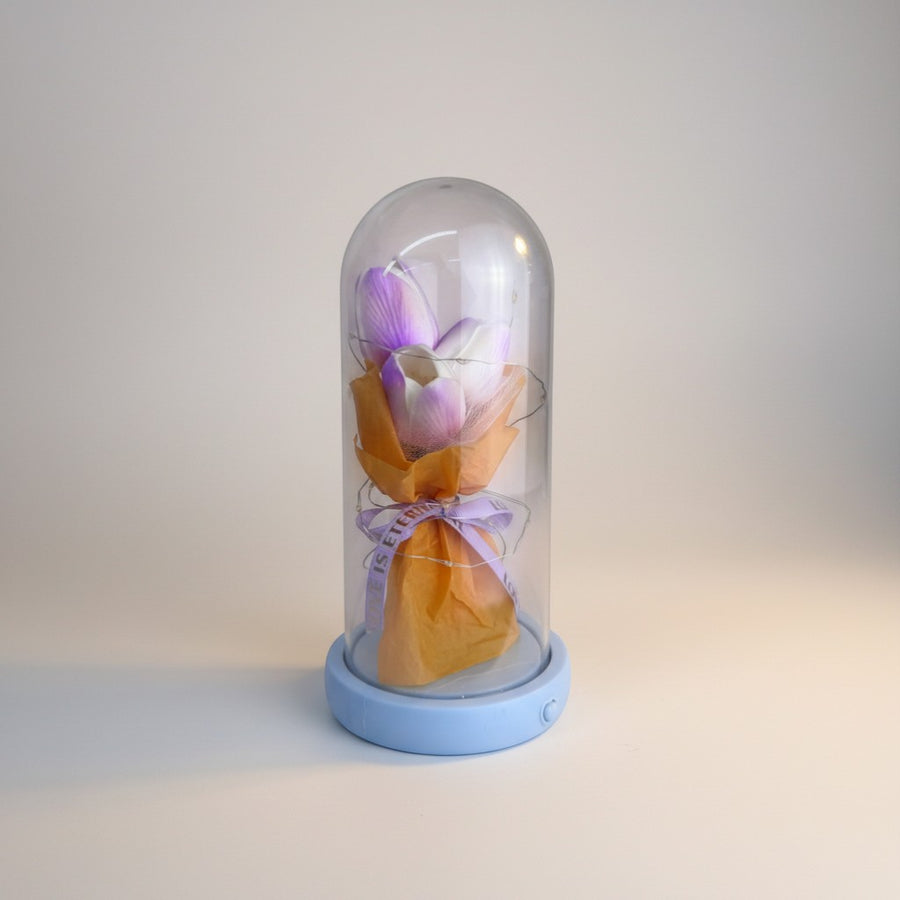 eRamis preserved purple and white tulips under glass dome with fairy lights and orange wrapping.