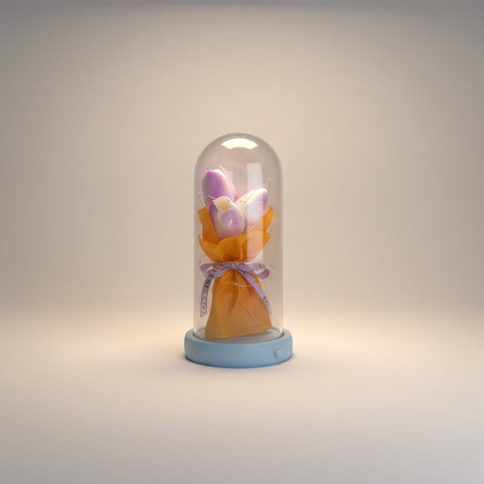 eRamis preserved purple and white tulips under a glass dome with a light-up base and ribbon.