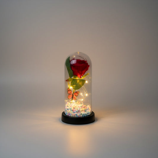 eRamis preserved red rose under glass dome with fairy lights and colorful beads.