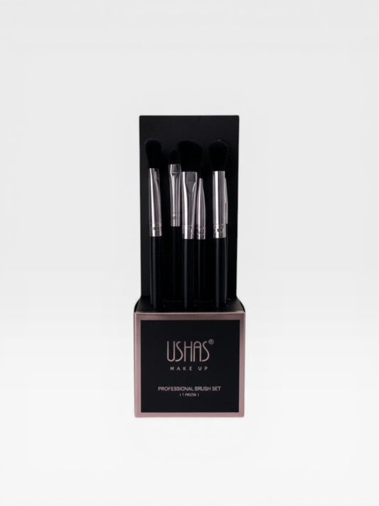 eRamis professional 7-piece makeup brush set with black handles and silver ferrules, includes fluffy powder and angled brushes.