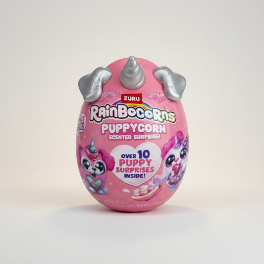 eRamis Rainbocorns Puppycorn Scented Surprise Egg with unicorn horn and puppy ears, pink with colourful graphics.