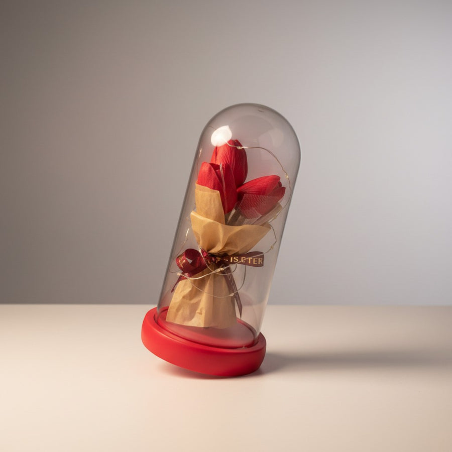 eRamis red preserved tulips under glass dome with fairy lights and ribbon.