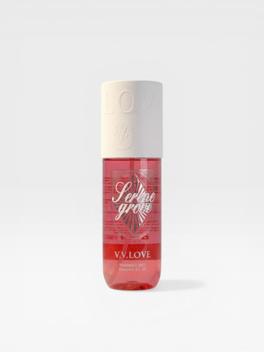 eRamis Serene Grove V.V. Love fragrance mist in a red bottle with a white cap.