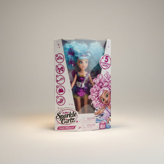 eRamis Sparkle Girlz Hair Dreams doll with voluminous blue hair, purple sequin dress, and 5 surprises.