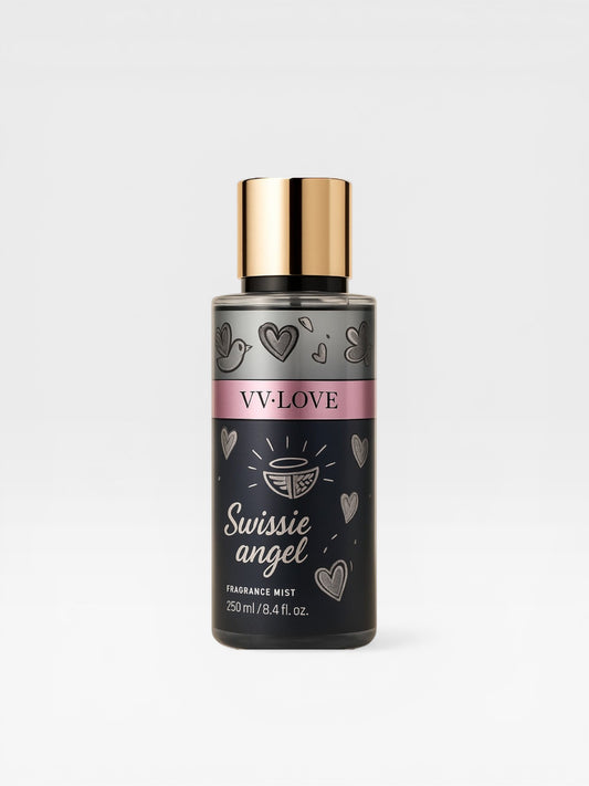 eRamis Swissie Angel fragrance mist with hearts and glitter detail, 250ml/8.4 fl.oz.