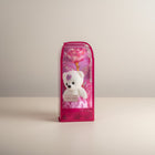 eRamis white teddy bear with pink heart detail and iridescent rose in gift box, perfect for Valentine's Day.