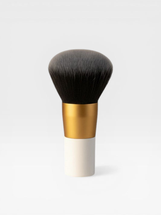 eRamis thick black powder brush with a gold and white handle, ideal for makeup application.