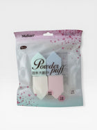 eRamis 4-piece set of triangular makeup sponges in pastel blue, mint green, white, and pink. Soft and comfortable for wet or dry use.