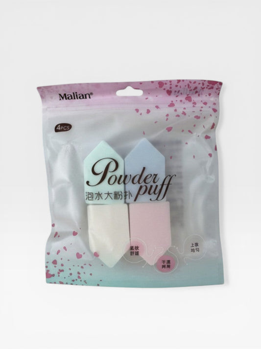 eRamis 4-piece set of triangular makeup sponges in pastel blue, mint green, white, and pink. Soft and comfortable for wet or dry use.