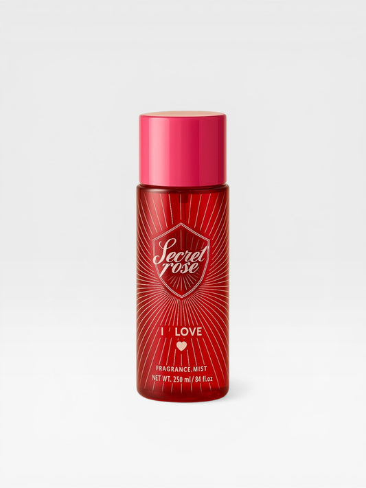 eRamis V.V. Love Fragrance Mist body spray in a red bottle with a pink cap. Features a sunburst design and "Serene Glow" text.