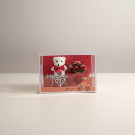 eRamis white teddy bear with red bow and pink rose, holding a bouquet of red roses. Gift set.