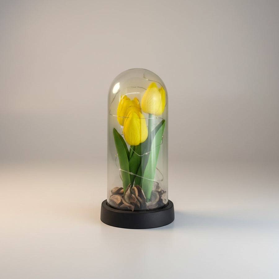 eRamis yellow preserved tulips under glass dome with fairy lights and decorative base.