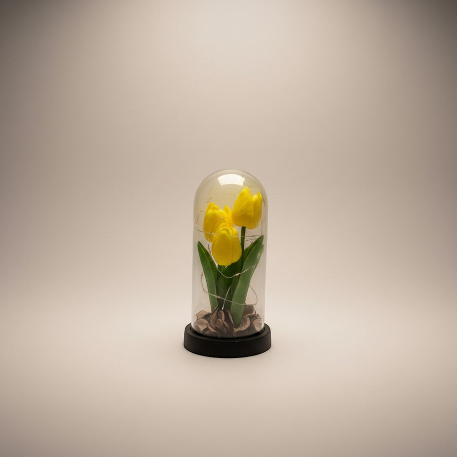 eRamis yellow tulips preserved under glass dome with fairy lights and dried leaves.