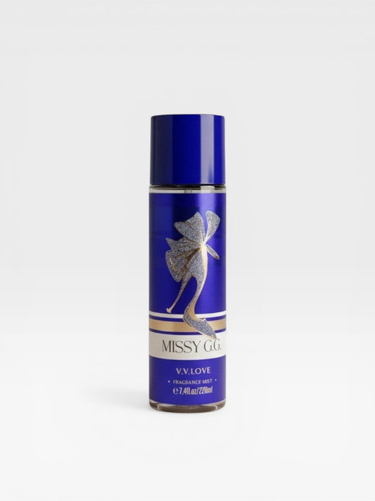 eRamisHere Missy G.G. V.V. Love Fragrance Mist 7.4 fl oz bottle with blue metallic design and glitter accents.