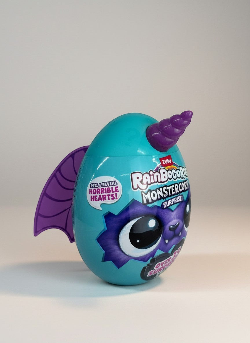 eRamisHere Monstercorn Surprise teal egg with purple bat wings and horn, featuring a furry monster eye. Peel & Reveal Horrible Hearts!