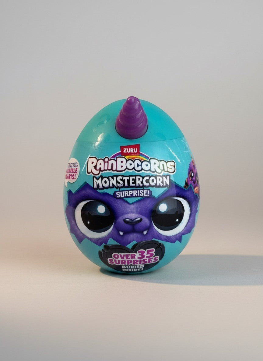eRamisHere Monstercorn Surprise egg toy with purple monster face, teal egg, and purple horn. Features "Over 35 Surprises Inside!"