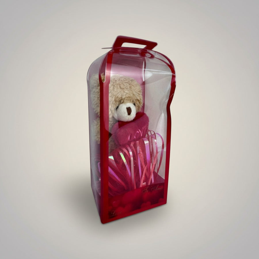 eRamisHere teddy bear gift set with plush heart and 'Love' text, perfect for Valentine's Day.