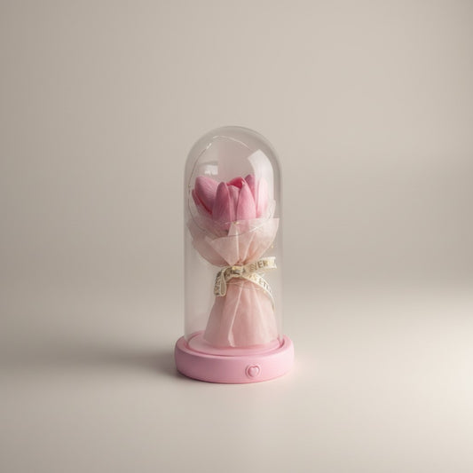 eRami preserved pink rose under glass dome with LED lights, a romantic gift.
