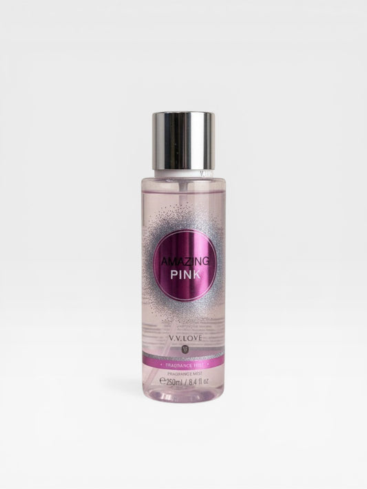 eRamis Amazing Pink Fragrance Mist, a refreshing body spray with a subtle pink glitter design on the bottle. 250ml.