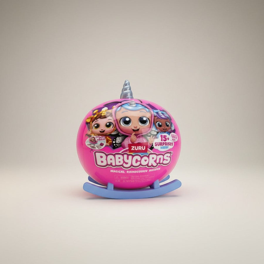 eRamis Babycorns magical raindrop surprise toy, pink sphere with unicorn horn and cute characters.