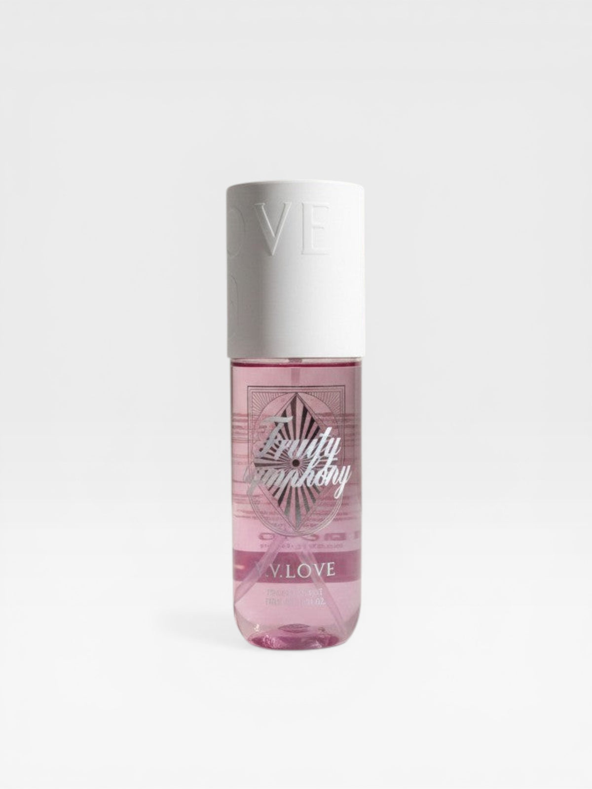 eRamis Fruity Symphony Fragrance Mist in a pink bottle with a white cap embossed with 'LOVE'.
