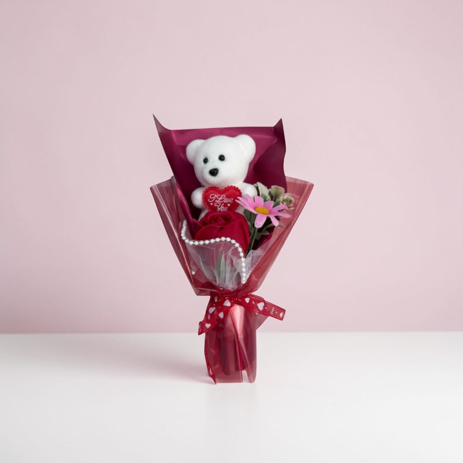 eRamisHere white teddy bear with red rose and pink flower bouquet,