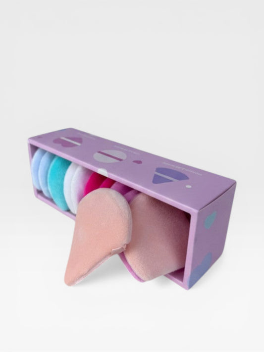 eRami set of makeup sponges in pastel colors: pink, peach, white, light blue, and teal. Includes teardrop and round shapes.