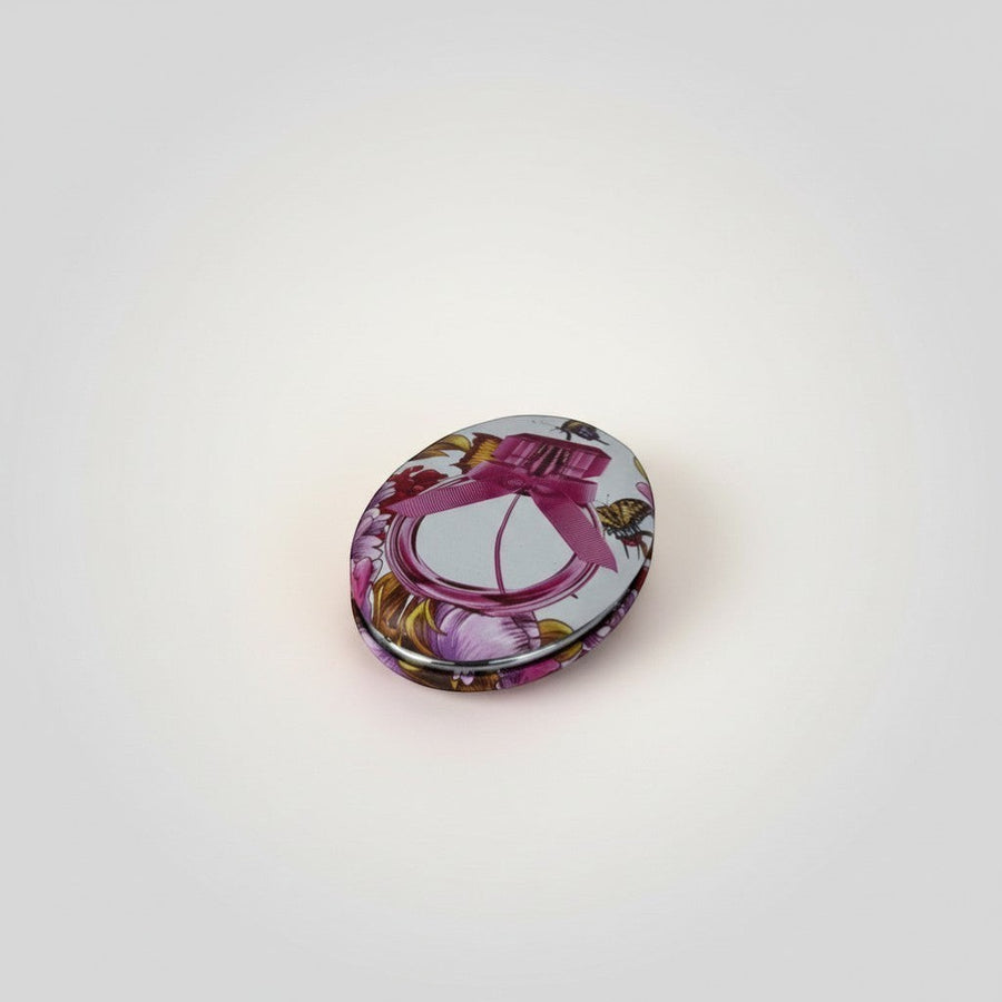 eRamis round floral print compact mirror with pink bow and double magnification
