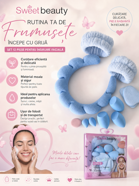 Set Beauty 12 Piese Bleu - Bentita, Bureti si Pufuri