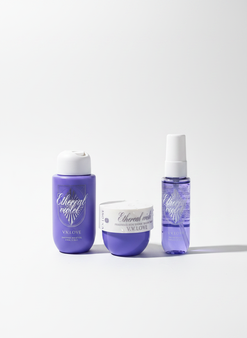 Travel Kit Ethereal Violet, set cadou corp – body mist 40 ml, gel de dus 90 ml, crema de corp 50 ml
