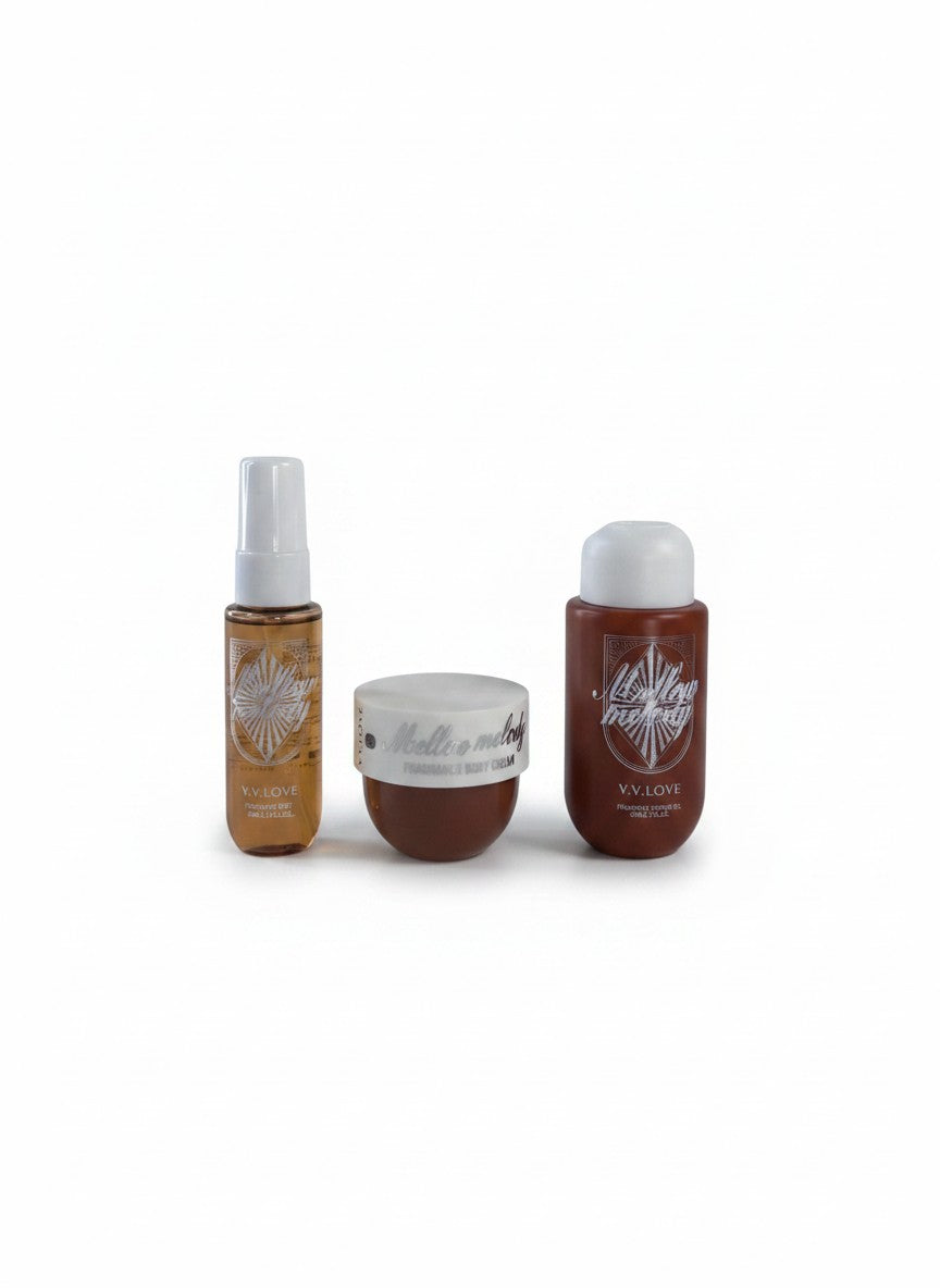 Travel Kit Mellow melody, set cadou corp – body mist 40 ml, gel de dus 90 ml, crema de corp 50 ml